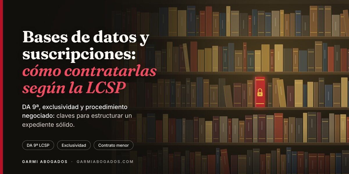 contratacion-bases-datos-sector-publico Ilustración de una biblioteca con un único volumen destacado, sobre la contratación de bases de datos y suscripciones conforme a la LCSP.