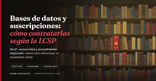 Ilustración de una biblioteca con un único volumen destacado, sobre la contratación de bases de datos y suscripciones conforme a la LCSP.