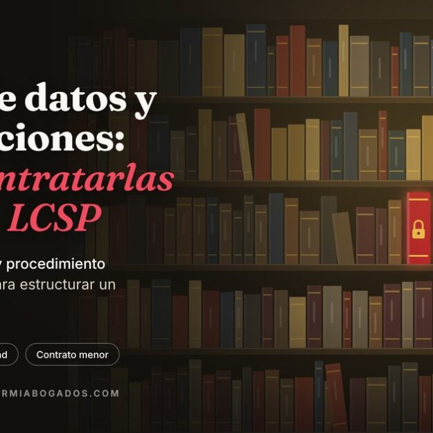 Ilustración de una biblioteca con un único volumen destacado, sobre la contratación de bases de datos y suscripciones conforme a la LCSP.