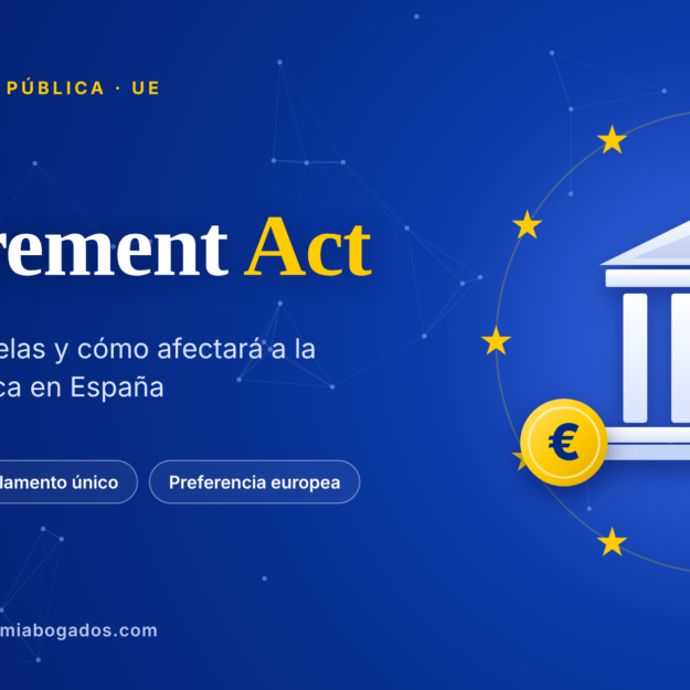 Public Procurement Act: edificio institucional y contrato firmado rodeados de las estrellas de la Unión Europea